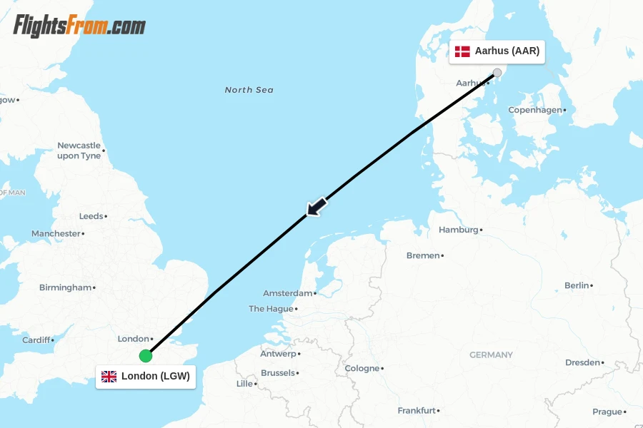 Flights from Aarhus to London route map