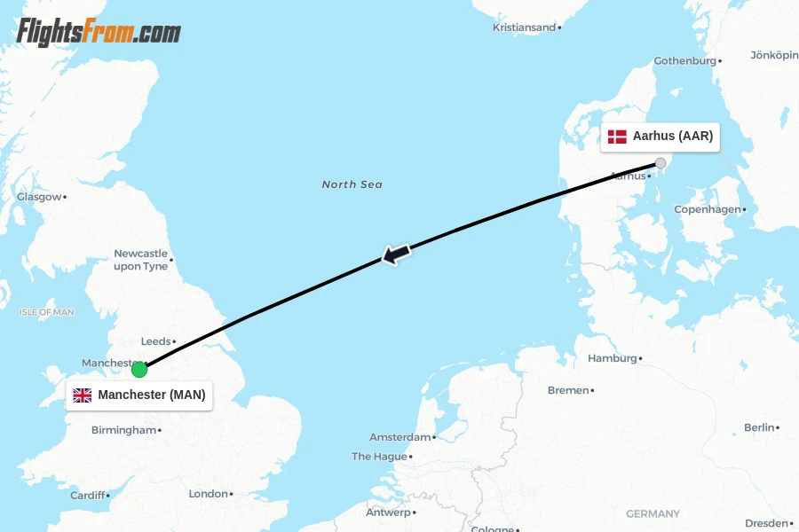 Flights from Aarhus to Manchester route map