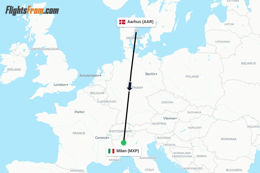 Flights from Aarhus to Milan route map