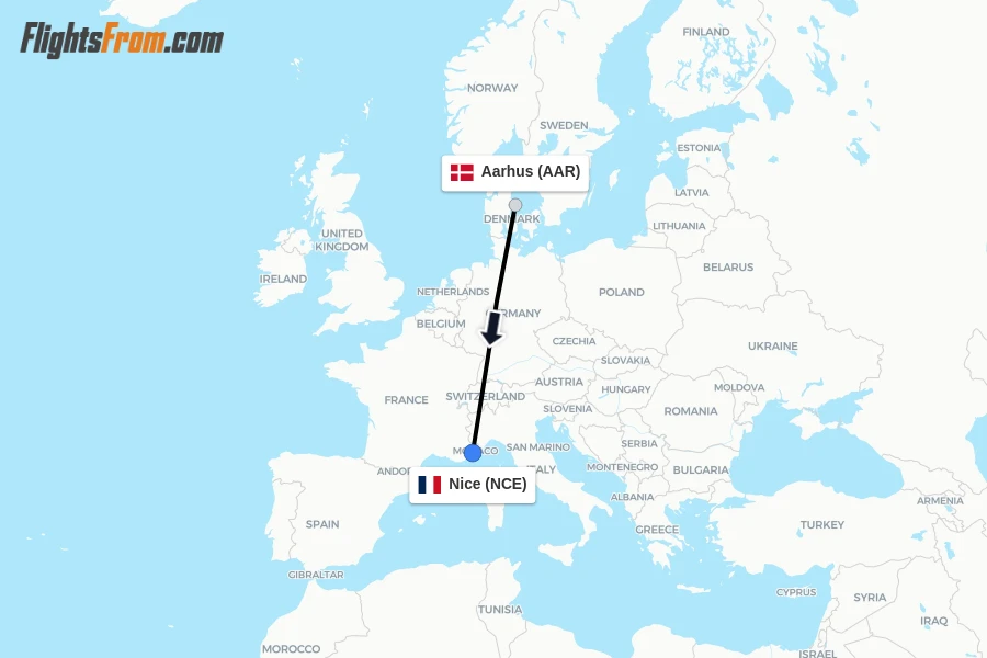 Flights from Aarhus to Nice route map