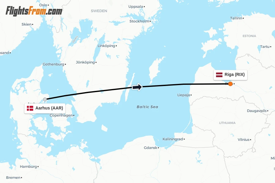 Flights from Aarhus to Riga route map