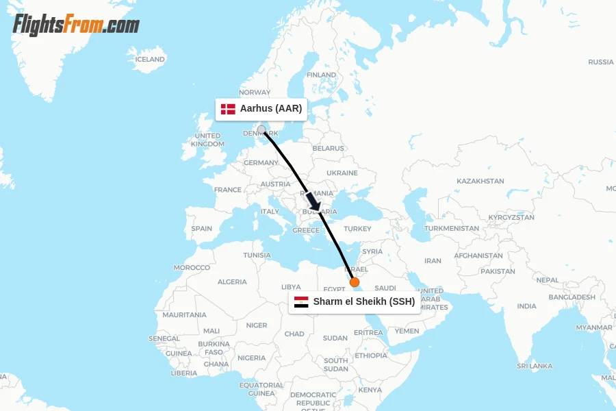 Flights from Aarhus to Sharm el Sheikh route map