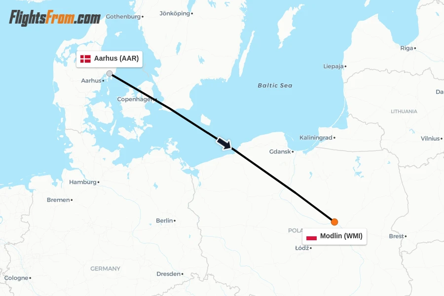 Flights from Aarhus to Modlin route map