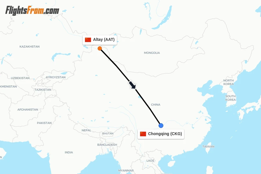 Flights from Altay to Chongqing route map