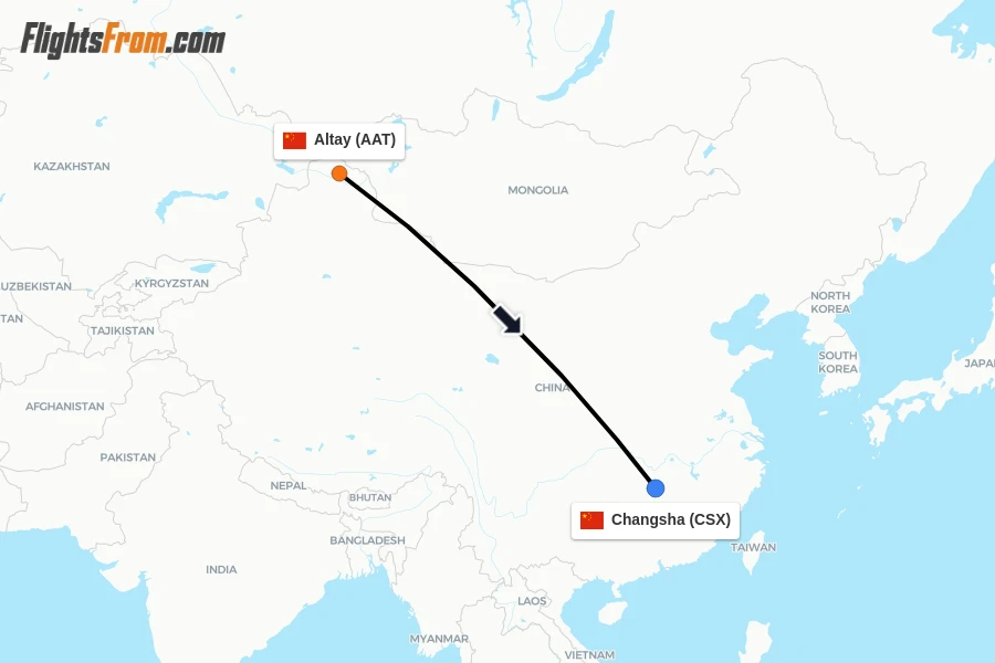 Flights from Altay to Changsha route map