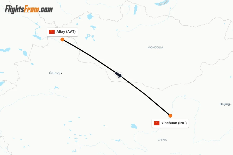 Flights from Altay to Yinchuan route map