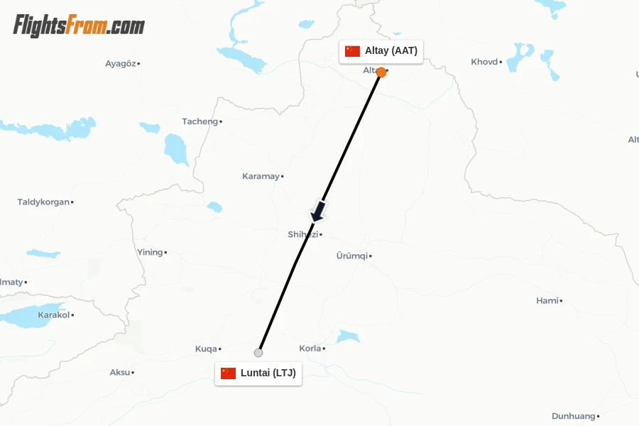Flights from Altay to Luntai route map