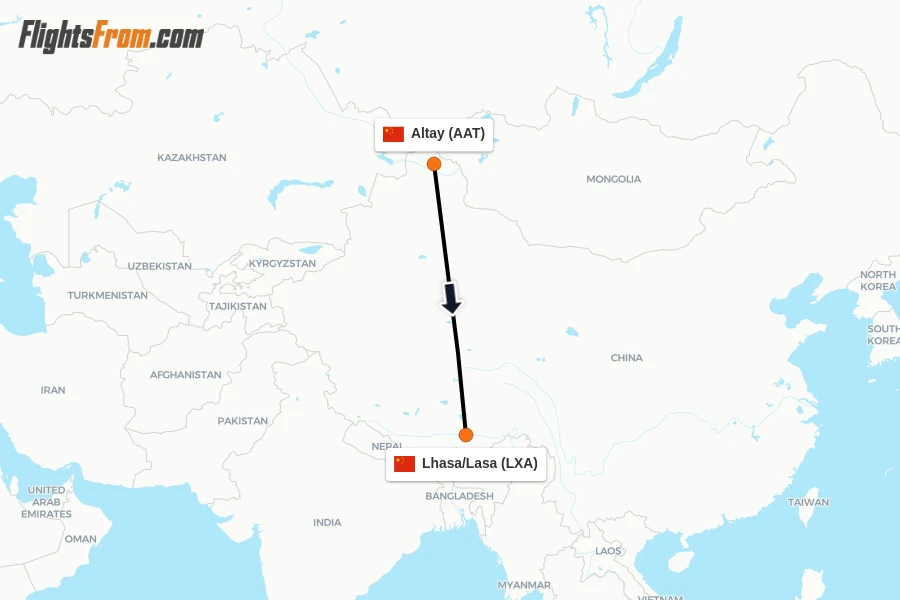 Flights from Altay to Lhasa/Lasa route map