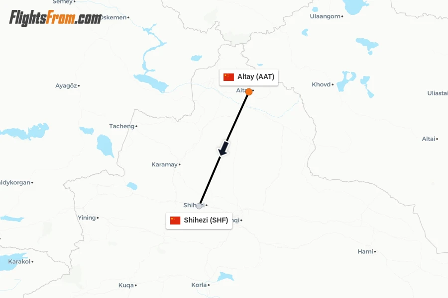 Flights from Altay to Shihezi route map