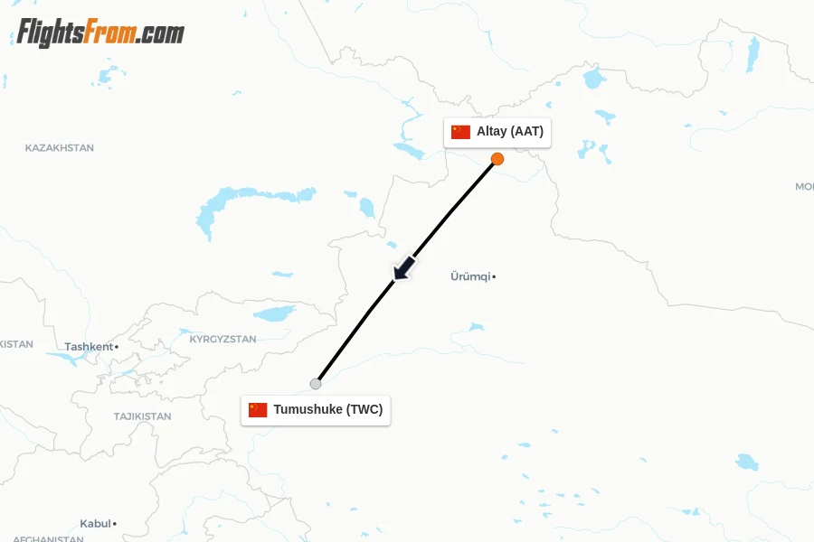 Flights from Altay to Tumushuke route map