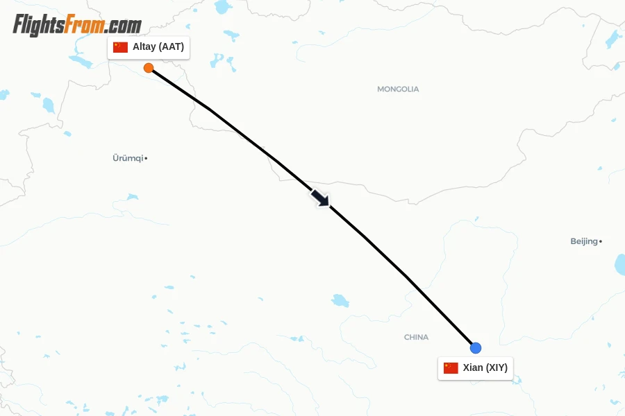 Flights from Altay to Xian route map