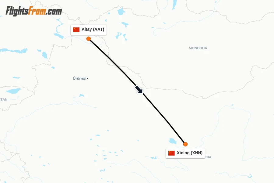 Flights from Altay to Xining route map
