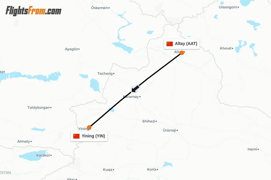 Flights from Altay to Yining route map