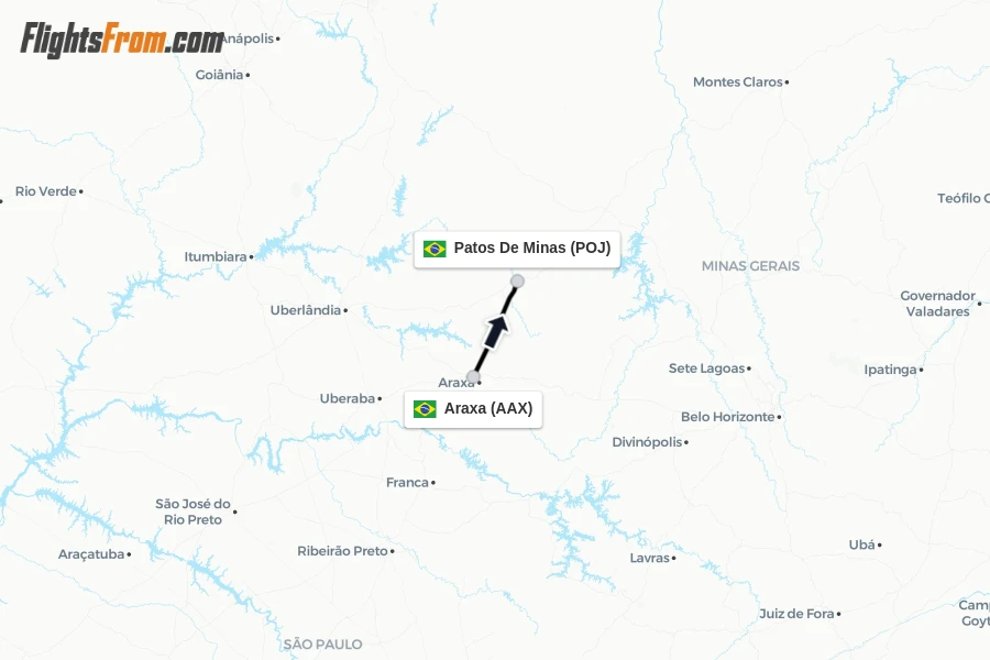 Flights from Araxa to Patos De Minas route map