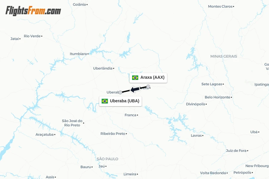 Flights from Araxa to Uberaba route map