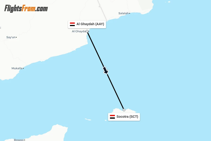 Flights from Al Ghaydah to Socotra route map