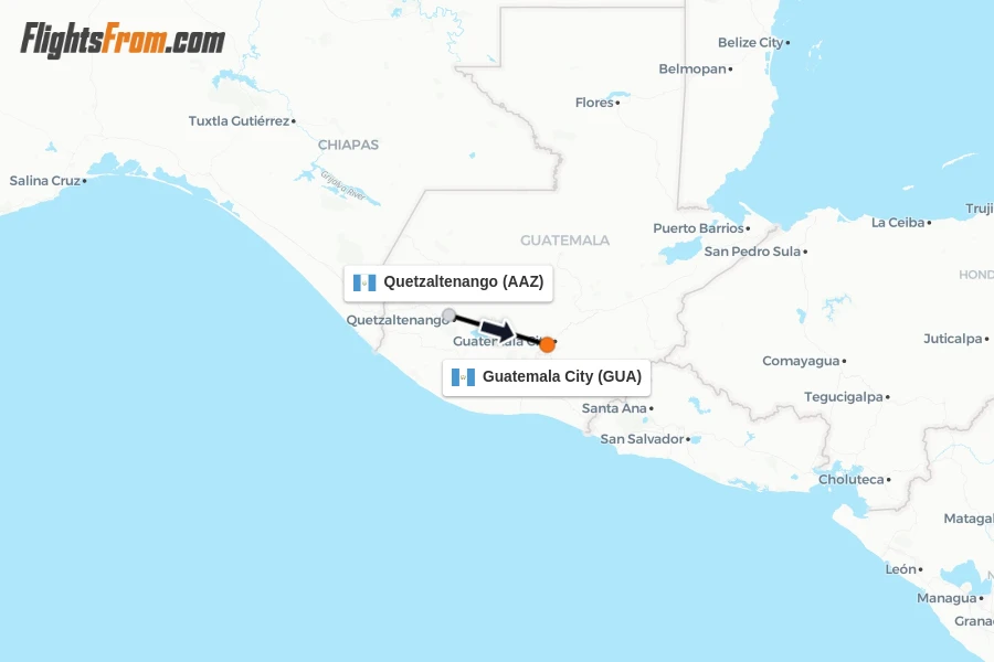 Flights from Quetzaltenango to Guatemala City route map