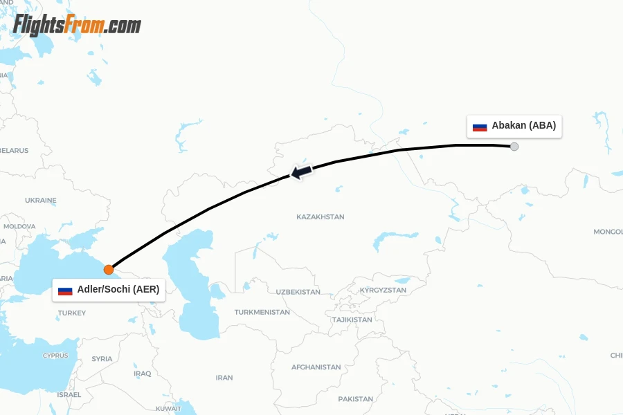 Flights from Abakan to Adler/Sochi route map