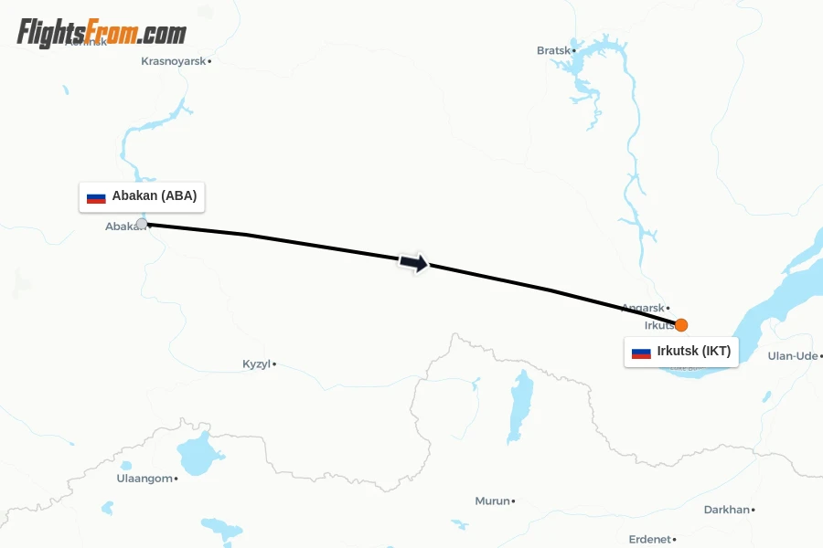 Flights from Abakan to Irkutsk route map