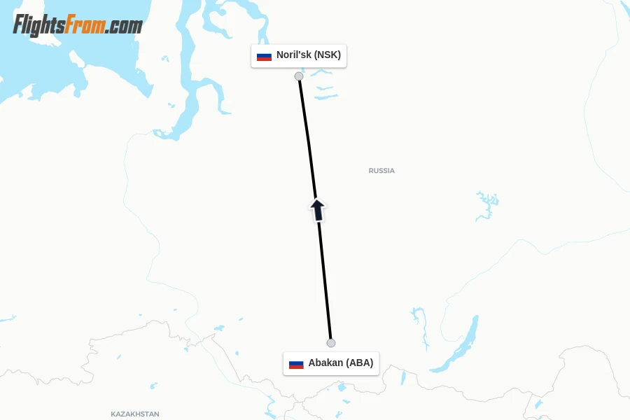 Flights from Abakan to Noril'sk route map