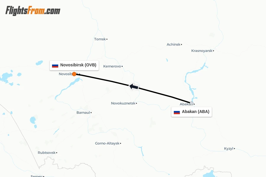 Flights from Abakan to Novosibirsk route map