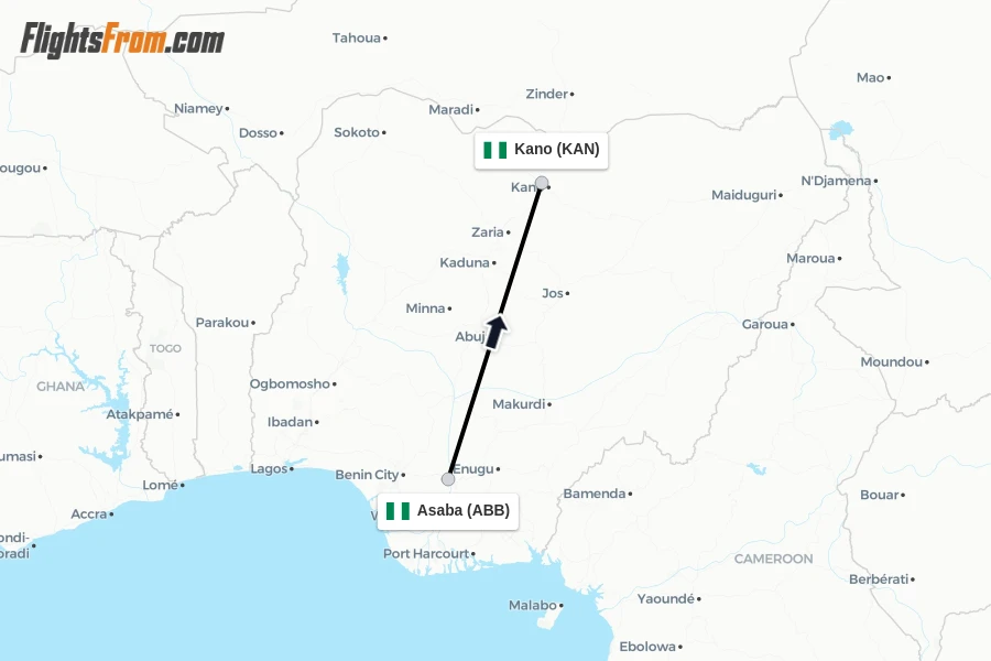 Flights from Asaba to Kano route map