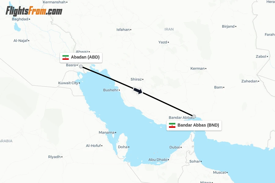 Flights from Abadan to Bandar Abbas route map