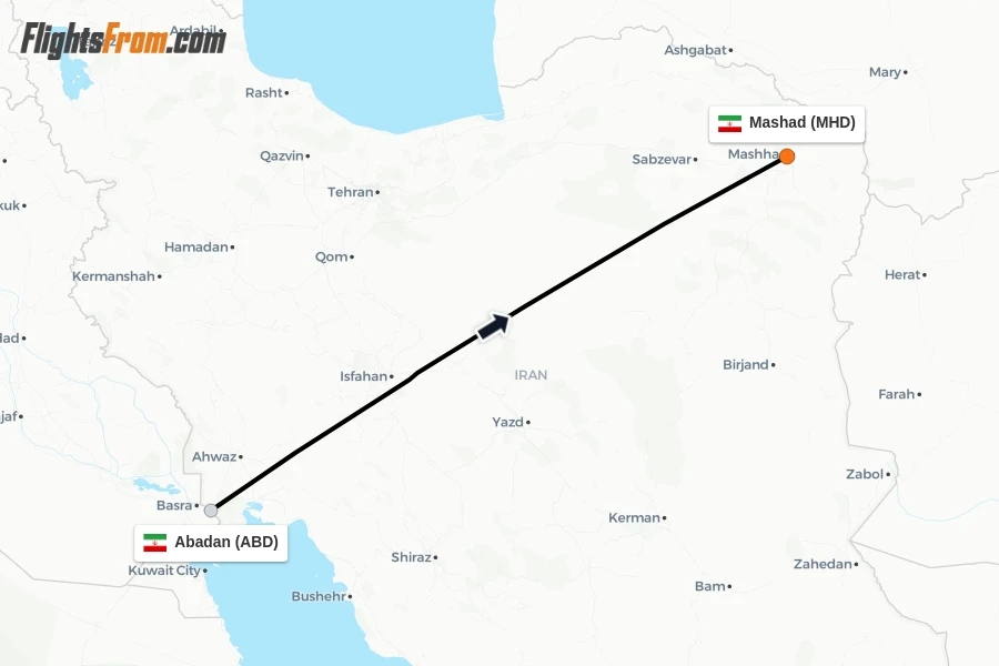 Flights from Abadan to Mashad route map