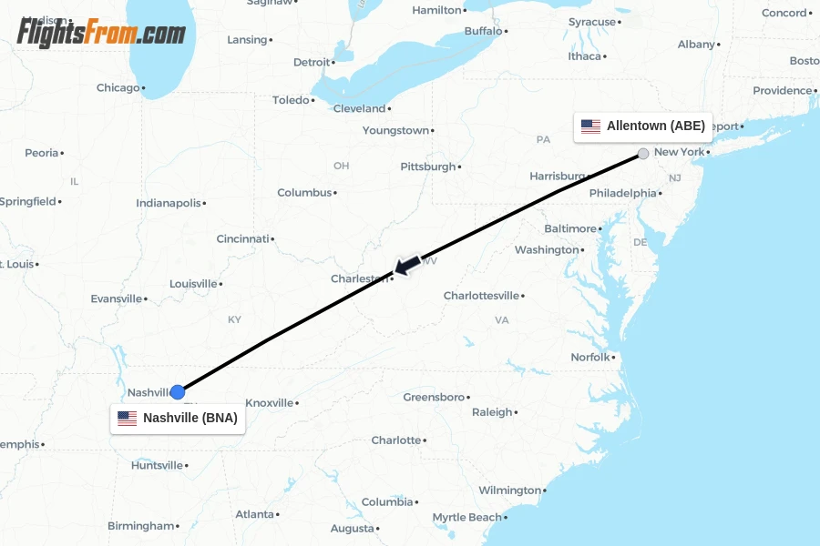 Flights from Allentown to Nashville route map