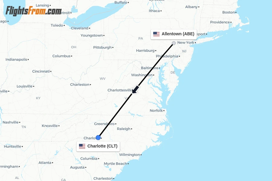 Flights from Allentown to Charlotte route map