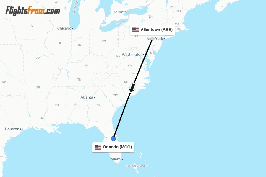 Flights from Allentown to Orlando route map