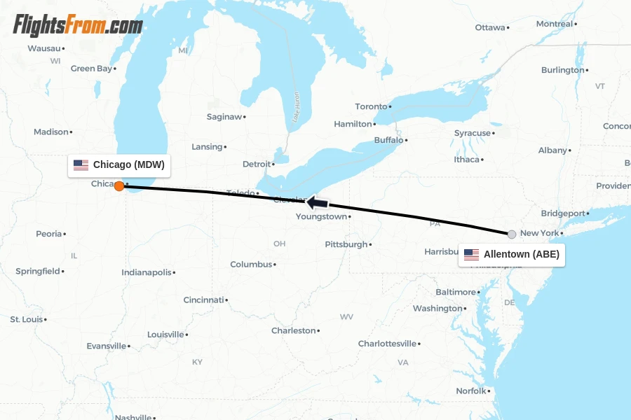 Flights from Allentown to Chicago route map