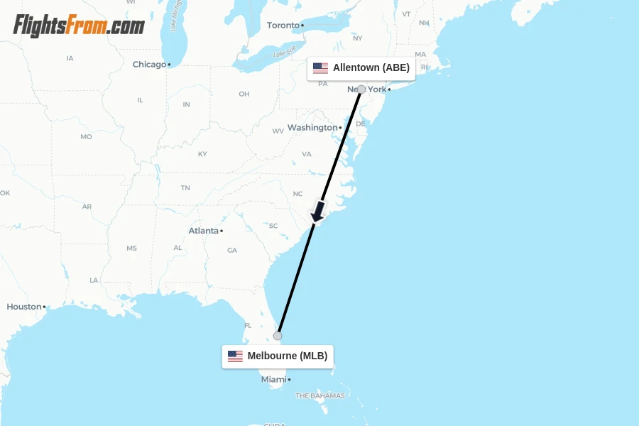 Flights from Allentown to Melbourne route map
