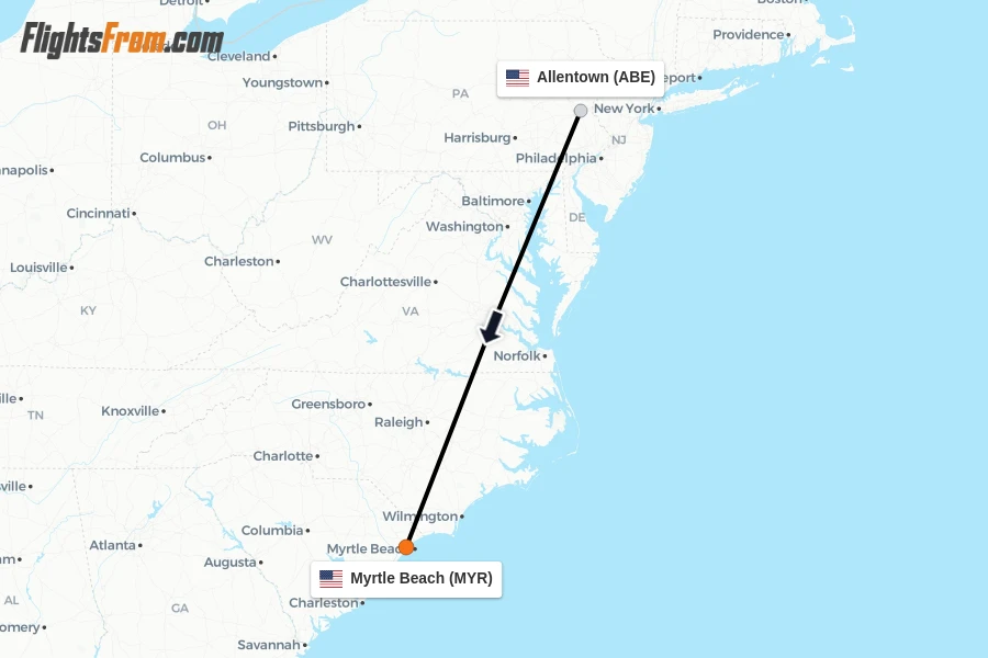 Flights from Allentown to Myrtle Beach route map