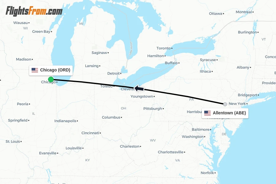 Flights from Allentown to Chicago route map