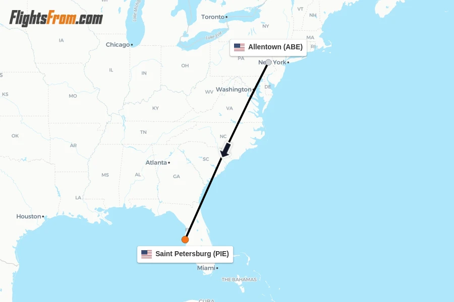 Flights from Allentown to Saint Petersburg route map