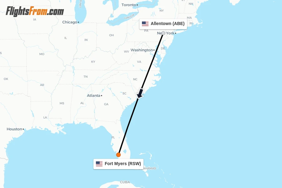 Flights from Allentown to Fort Myers route map