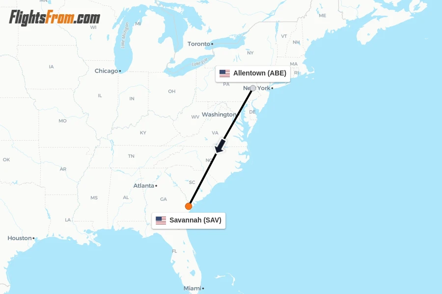 Flights from Allentown to Savannah route map