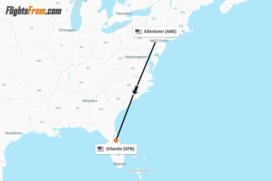 Flights from Allentown to Orlando route map
