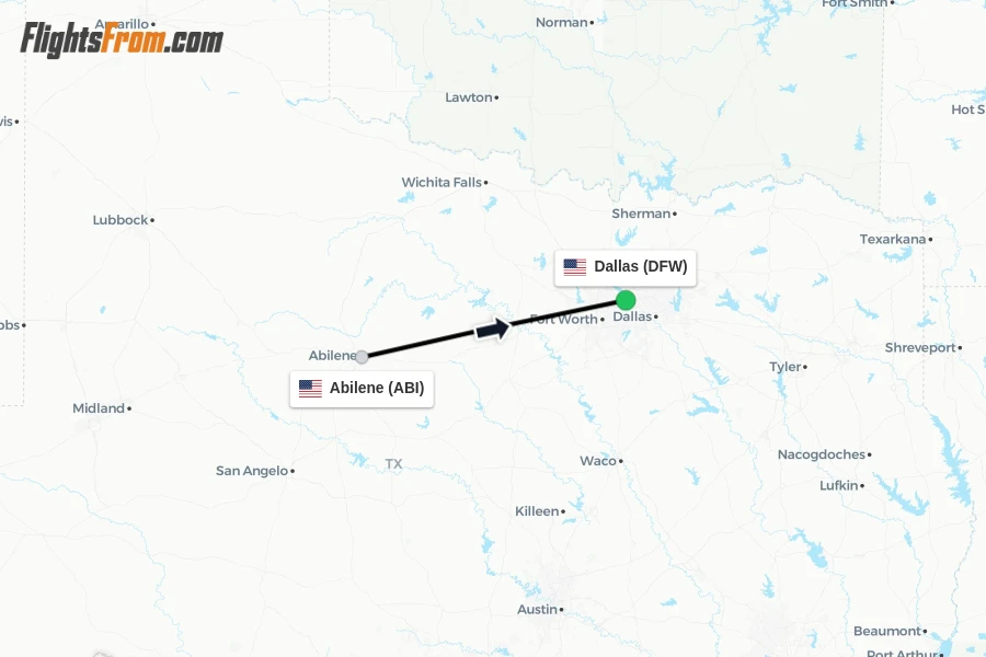 Flights from Abilene to Dallas route map