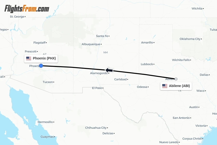 Flights from Abilene to Phoenix route map