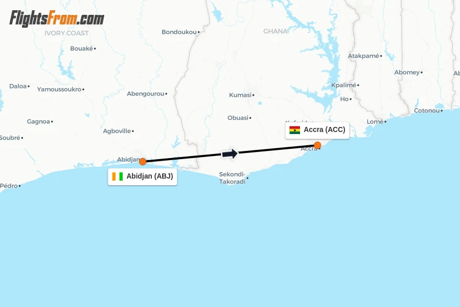 Flights from Abidjan to Accra route map