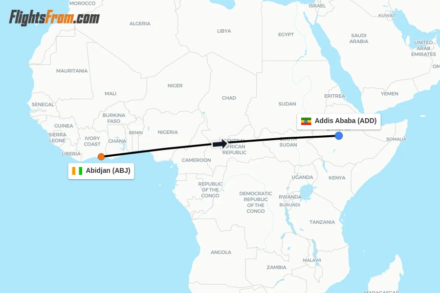 Flights from Abidjan to Addis Ababa route map