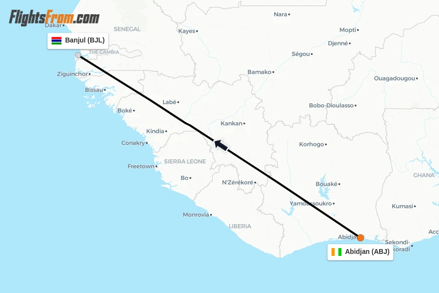 Flights from Abidjan to Banjul route map