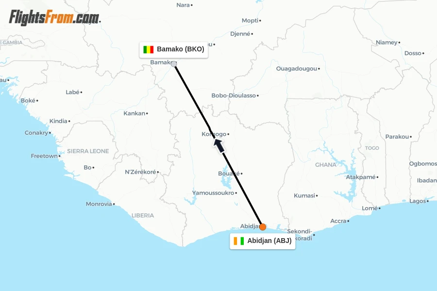 Flights from Abidjan to Bamako route map