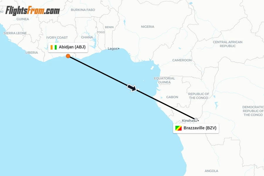 Flights from Abidjan to Brazzaville route map