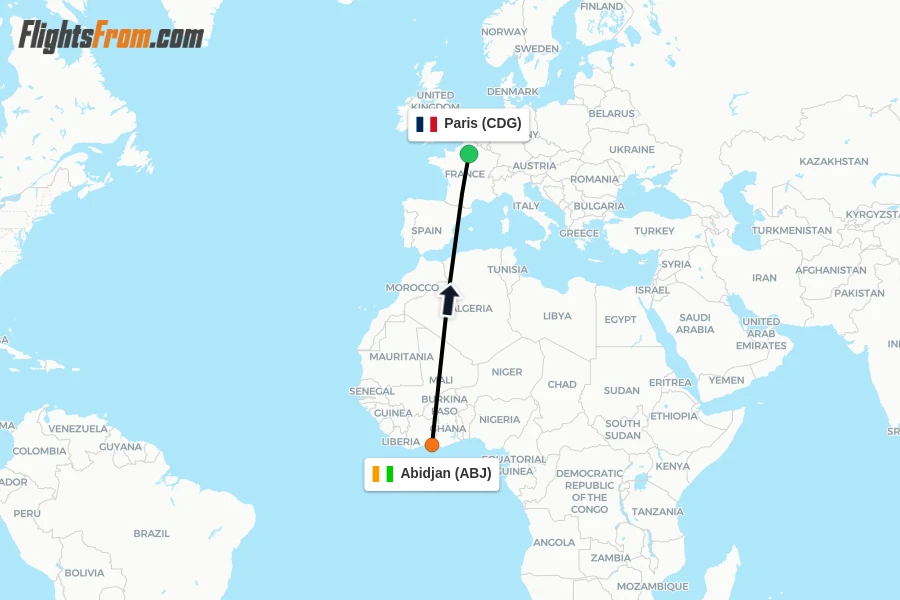 Flights from Abidjan to Paris route map