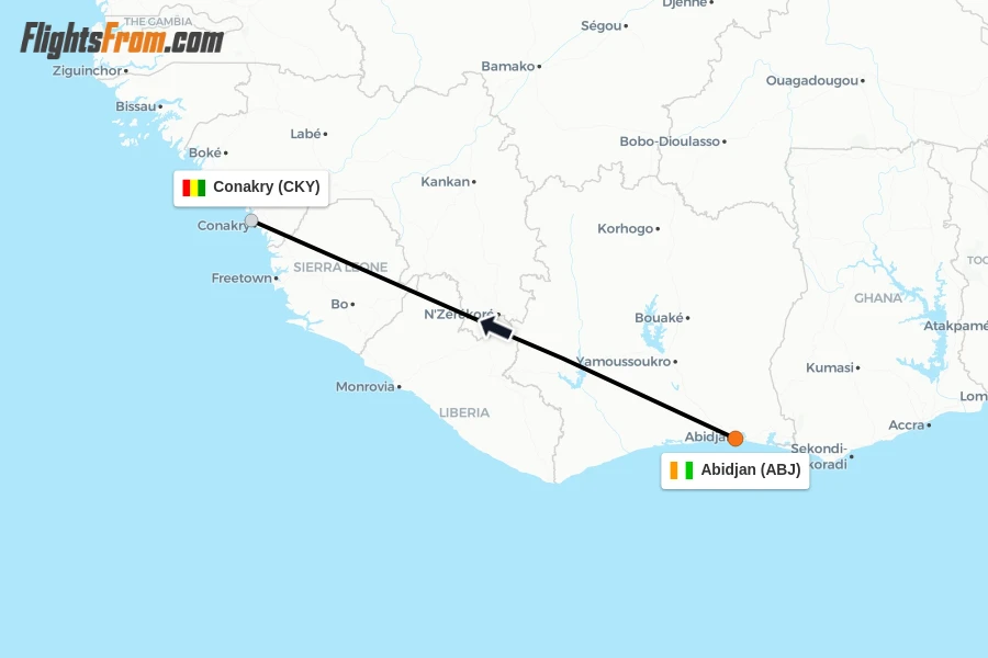 Flights from Abidjan to Conakry route map