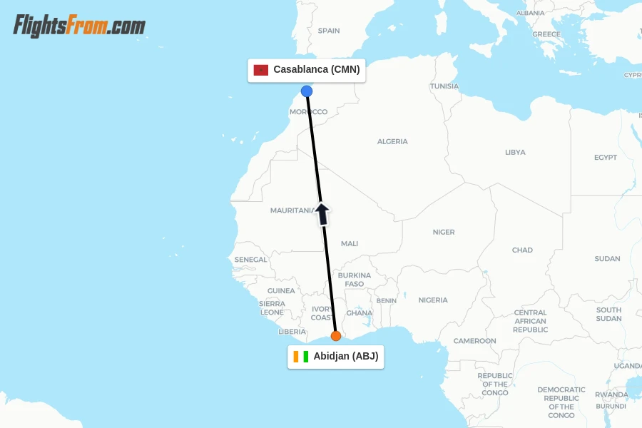 Flights from Abidjan to Casablanca route map