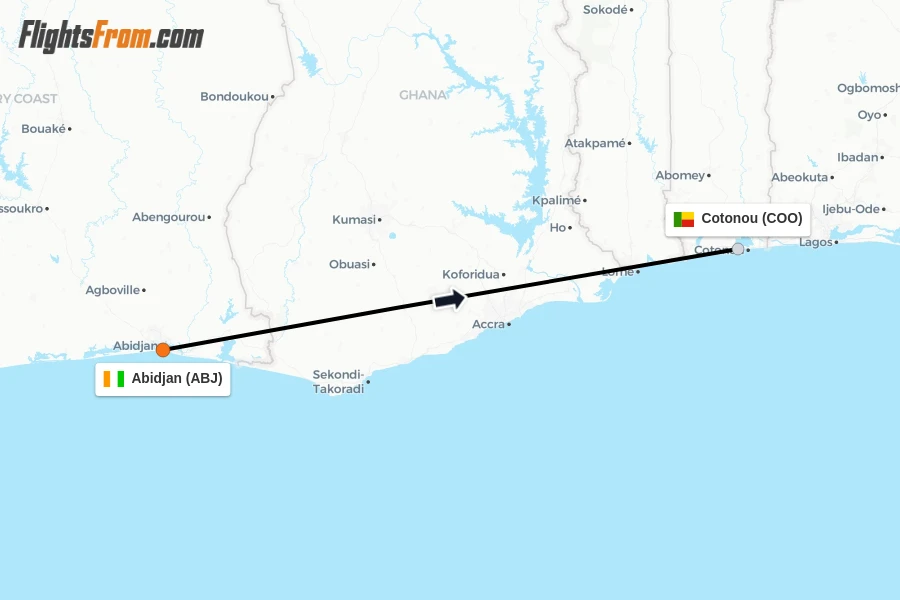 Flights from Abidjan to Cotonou route map